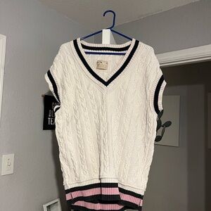We the Free White and Pink Cable Knit Oversized Sweater